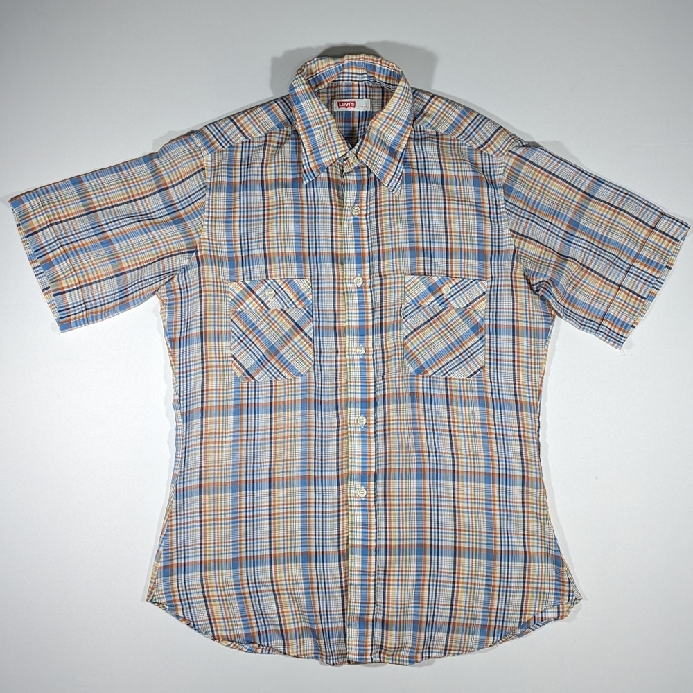 Vintage 70s Levis White Tab Button Up Shirt USA Made Mens Size Large Plaid Blue